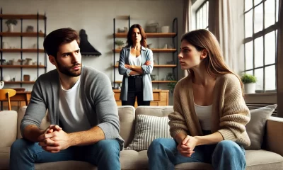 A tense and awkward scene showing a man and a woman in a heated discussion in a modern apartment living room. The man looks uncomfortable and defensiv