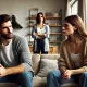 A tense and awkward scene showing a man and a woman in a heated discussion in a modern apartment living room. The man looks uncomfortable and defensiv