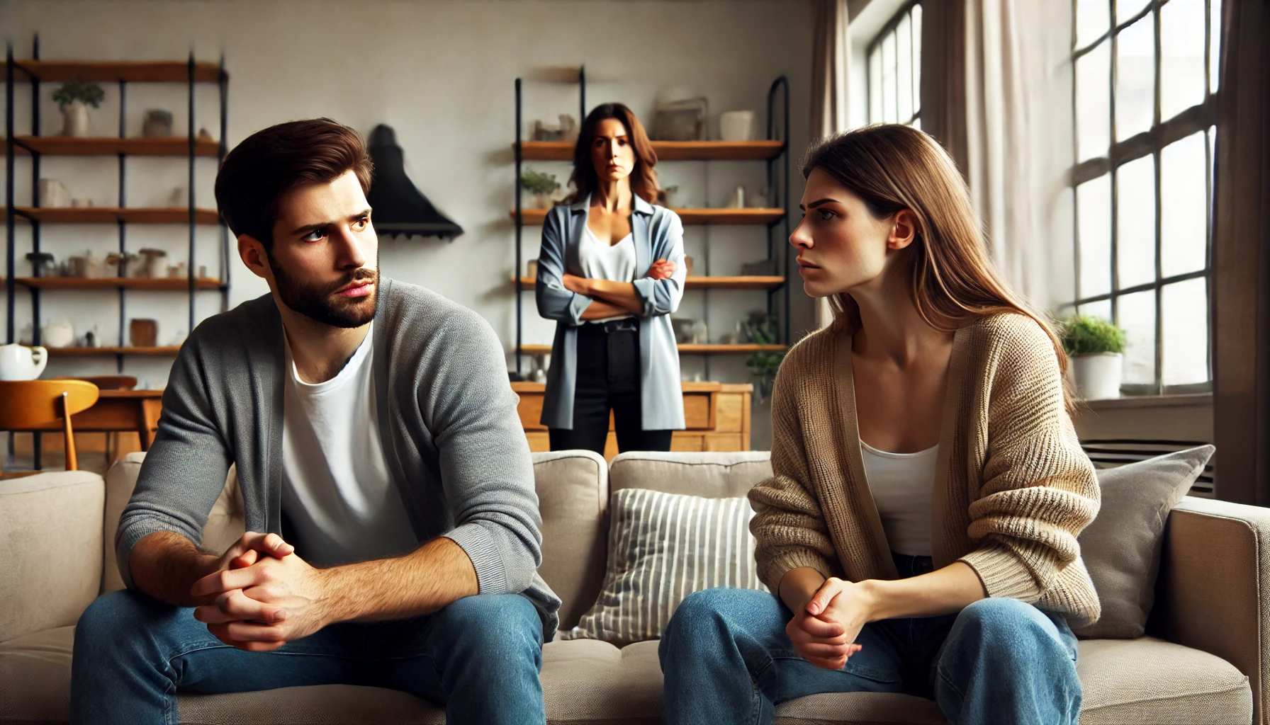 A tense and awkward scene showing a man and a woman in a heated discussion in a modern apartment living room. The man looks uncomfortable and defensiv