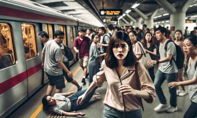 A dramatic and emotional scene at a bustling MRT station, showing a young deaf woman who has been shoved and is stumbling. Her expression reflects sho