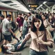 A dramatic and emotional scene at a bustling MRT station, showing a young deaf woman who has been shoved and is stumbling. Her expression reflects sho