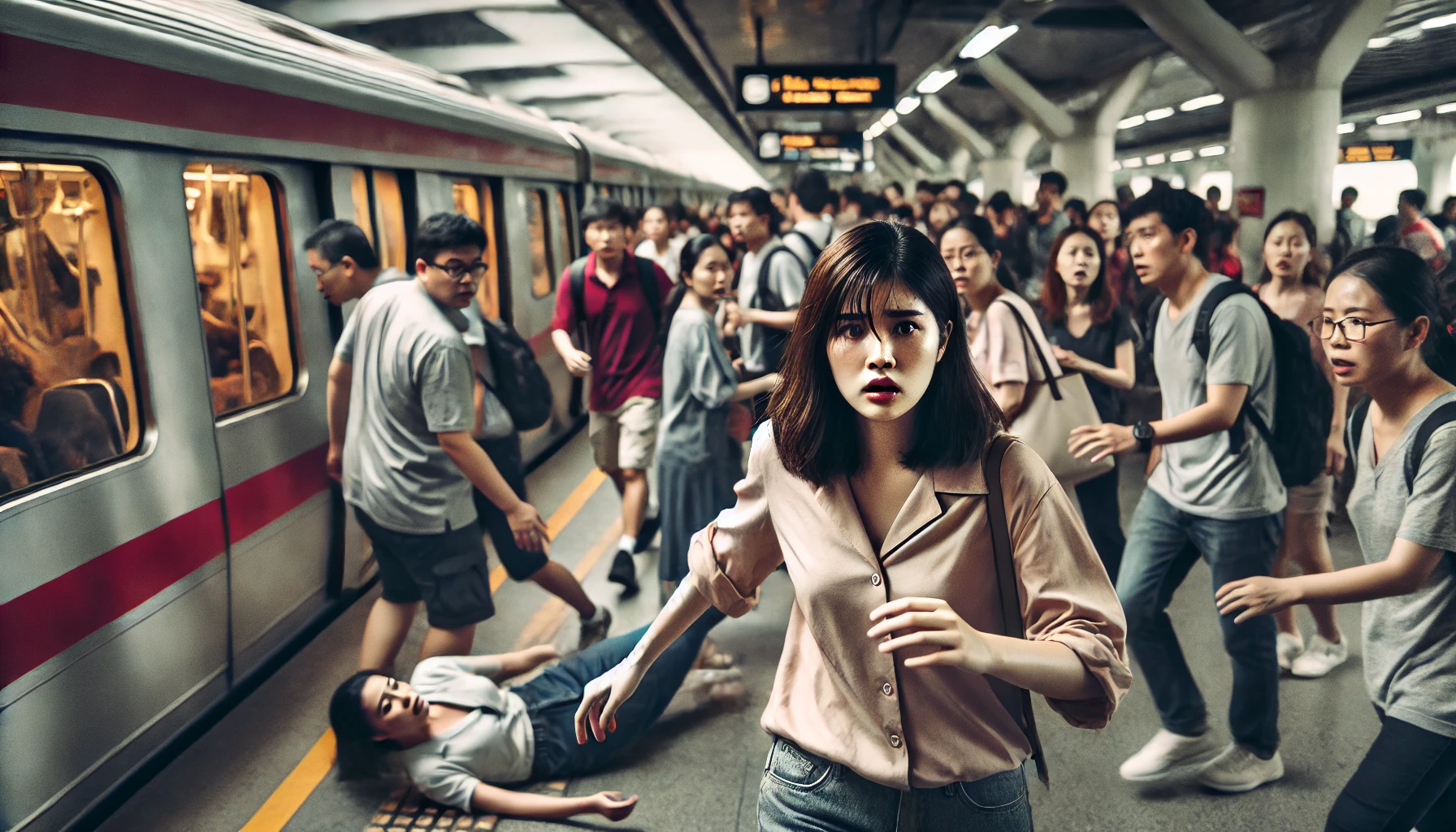 A dramatic and emotional scene at a bustling MRT station, showing a young deaf woman who has been shoved and is stumbling. Her expression reflects sho