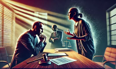 A dramatic and tense artwork showing a heated conversation between two parents in a courtroom or a private office setting, symbolizing a custody dispu