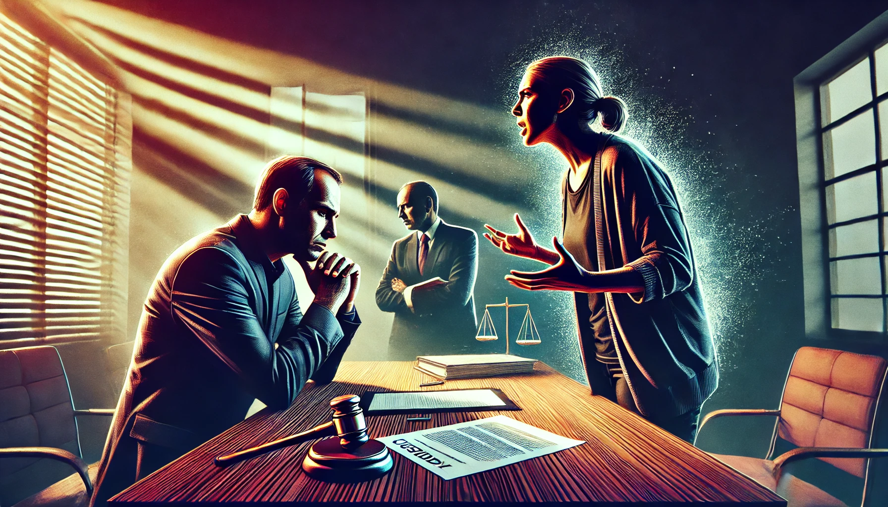 A dramatic and tense artwork showing a heated conversation between two parents in a courtroom or a private office setting, symbolizing a custody dispu