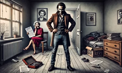 A dramatic and symbolic artwork depicting a tenant in an apartment setting standing confidently with a mischievous smirk, while a distressed landlady