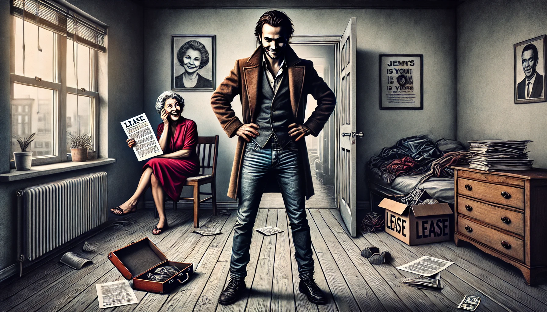 A dramatic and symbolic artwork depicting a tenant in an apartment setting standing confidently with a mischievous smirk, while a distressed landlady