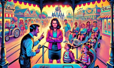 A vibrant and dramatic scene at a Disney theme park, showing a crowded line for a popular ride. At the center, a mother with a smug expression is cutt