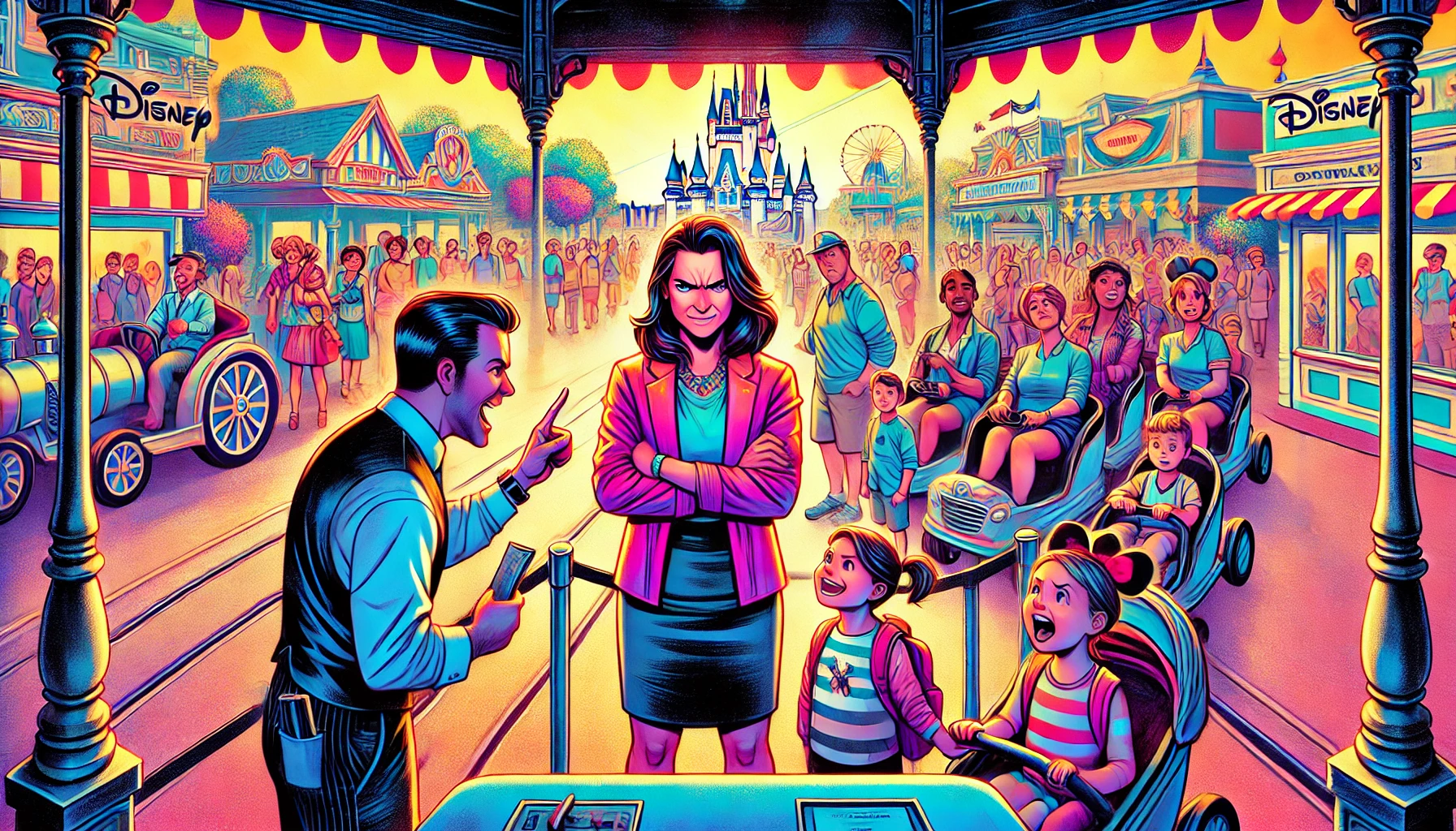 A vibrant and dramatic scene at a Disney theme park, showing a crowded line for a popular ride. At the center, a mother with a smug expression is cutt