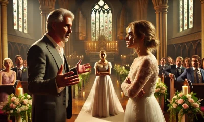 A dramatic and emotionally charged scene depicting a wedding setting. A middle-aged man stands at the edge of a church aisle, looking conflicted and d.