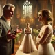 A dramatic and emotionally charged scene depicting a wedding setting. A middle-aged man stands at the edge of a church aisle, looking conflicted and d.