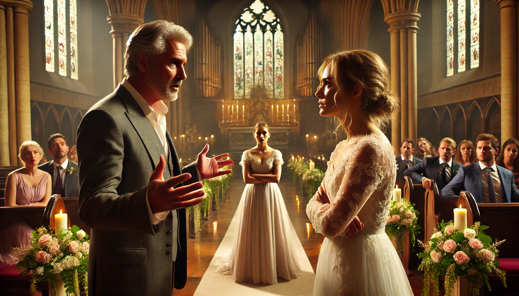 A dramatic and emotionally charged scene depicting a wedding setting. A middle-aged man stands at the edge of a church aisle, looking conflicted and d.