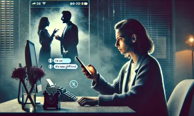 A dramatic and tense scene depicting a digital confrontation. A woman is sitting at her desk, holding a phone with a screenshot displayed, showing at