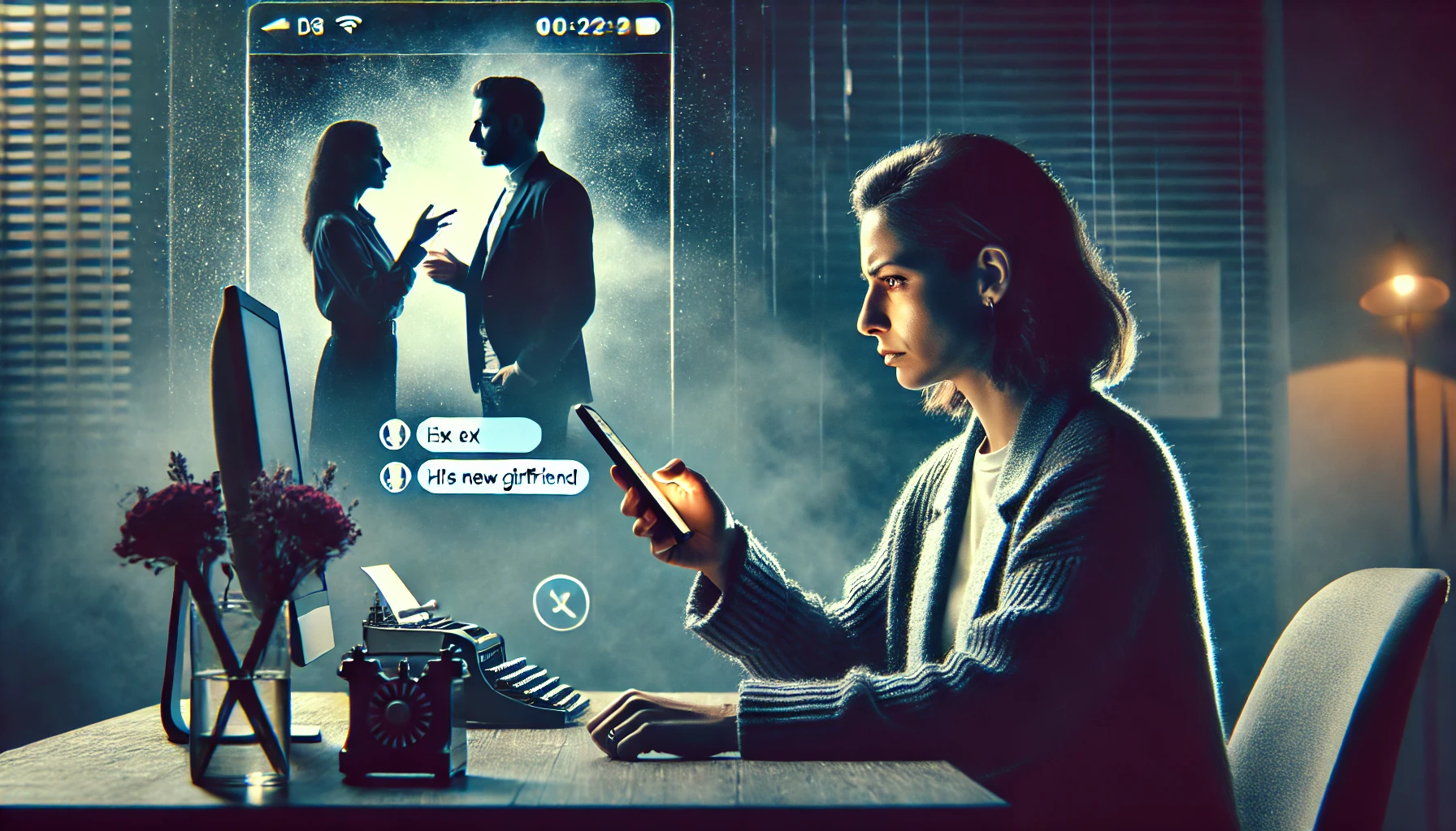 A dramatic and tense scene depicting a digital confrontation. A woman is sitting at her desk, holding a phone with a screenshot displayed, showing at