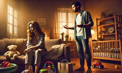 A dramatic and emotional scene depicting a couple in a heated discussion in their living room. The woman is sitting on a couch, visibly stressed and u.