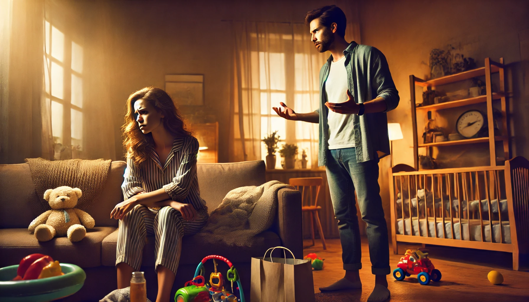 A dramatic and emotional scene depicting a couple in a heated discussion in their living room. The woman is sitting on a couch, visibly stressed and u.