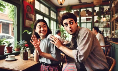 A playful and slightly awkward scene of two people in a casual setting, like a coffee shop or park, where one person hesitantly reaches out to touch t.