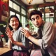 A playful and slightly awkward scene of two people in a casual setting, like a coffee shop or park, where one person hesitantly reaches out to touch t.