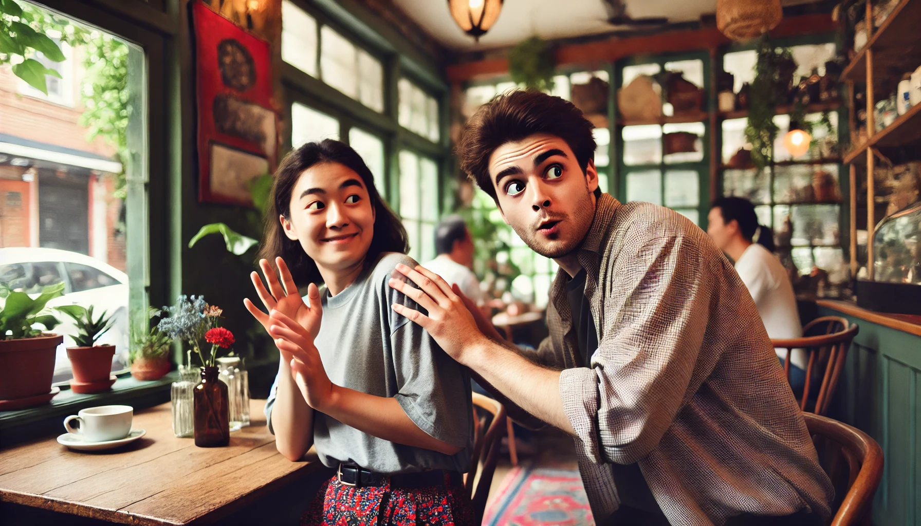 A playful and slightly awkward scene of two people in a casual setting, like a coffee shop or park, where one person hesitantly reaches out to touch t.