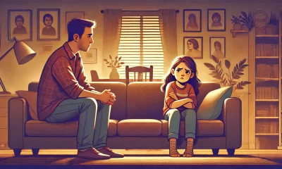 A wide illustration of a parent and child in a heartfelt, tense moment. The setting is a cozy living room with family photos on the walls. The child,