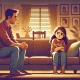 A wide illustration of a parent and child in a heartfelt, tense moment. The setting is a cozy living room with family photos on the walls. The child,