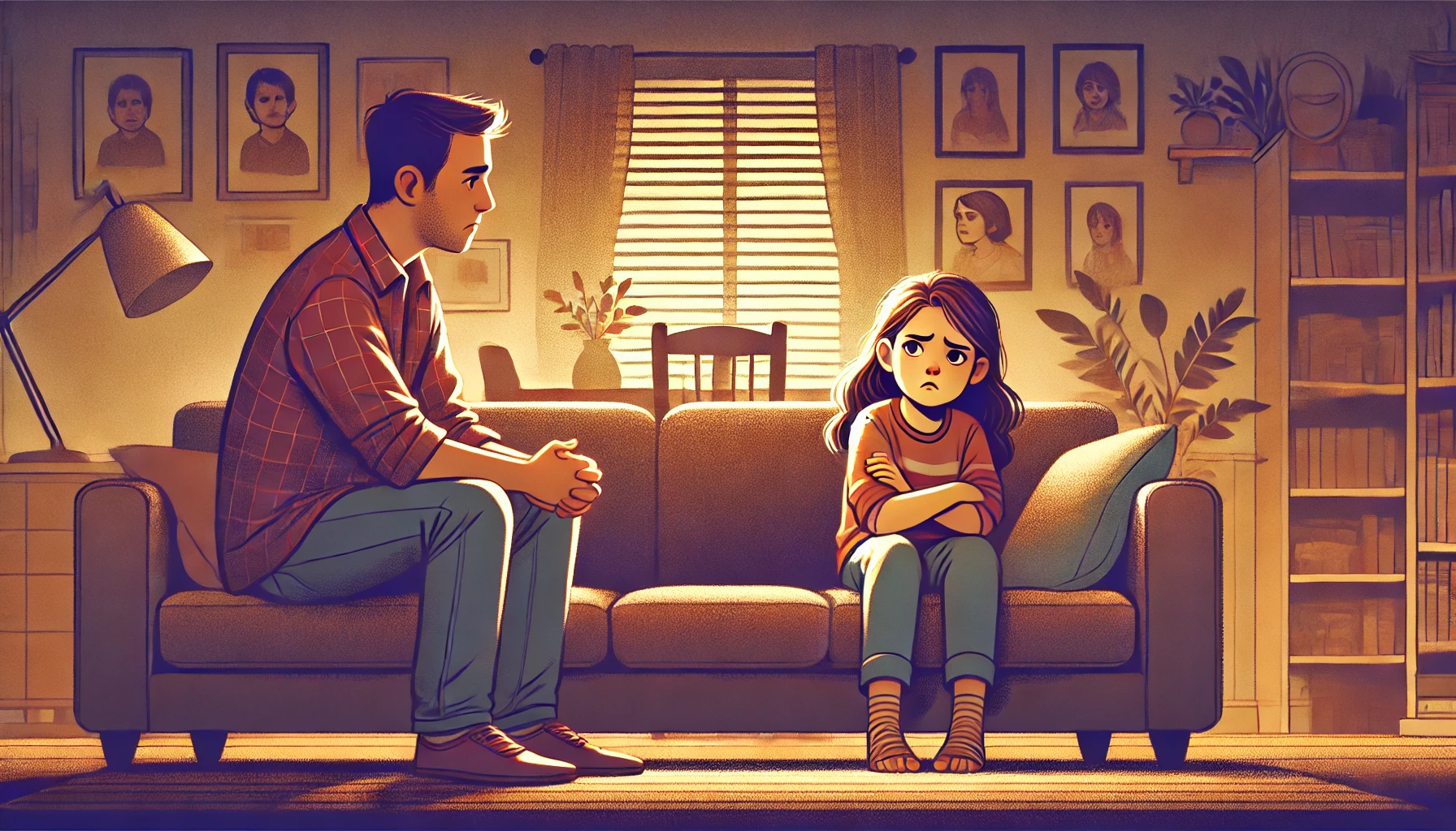 A wide illustration of a parent and child in a heartfelt, tense moment. The setting is a cozy living room with family photos on the walls. The child,