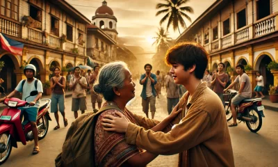 A wide image depicting an emotional reunion scene in Dumaguete City. The setting is a bustling street with a mix of traditional and modern architectur