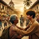 A wide image depicting an emotional reunion scene in Dumaguete City. The setting is a bustling street with a mix of traditional and modern architectur