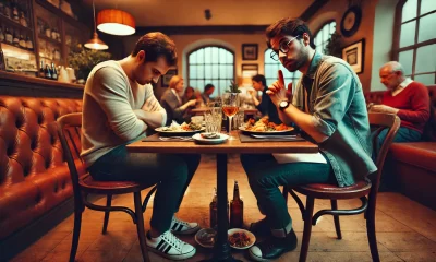 A wide image depicting a tense dinner scene at a cozy restaurant. Two friends are sitting across from each other at a small table with half-eaten meal