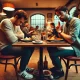 A wide image depicting a tense dinner scene at a cozy restaurant. Two friends are sitting across from each other at a small table with half-eaten meal