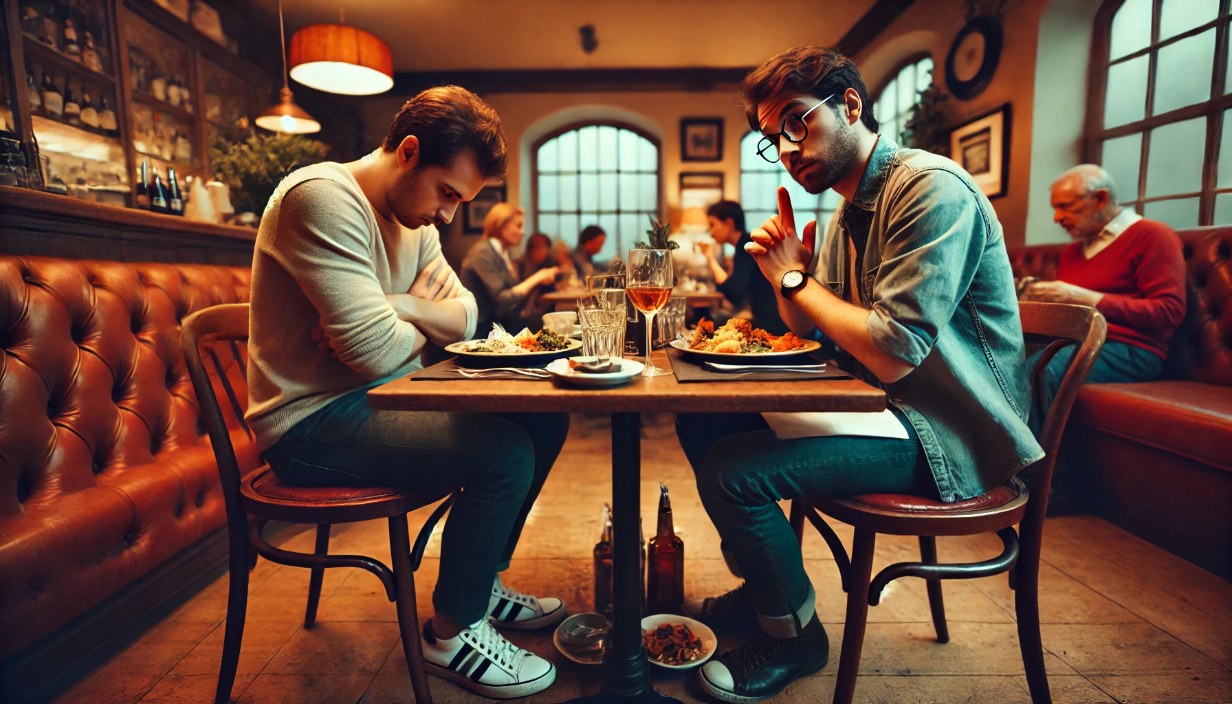 A wide image depicting a tense dinner scene at a cozy restaurant. Two friends are sitting across from each other at a small table with half-eaten meal