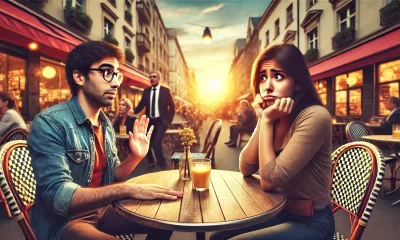 A wide image depicting an awkward date scene at an outdoor café. A man of foreign descent sits across from a woman, looking surprised and slightly emb