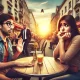 A wide image depicting an awkward date scene at an outdoor café. A man of foreign descent sits across from a woman, looking surprised and slightly emb