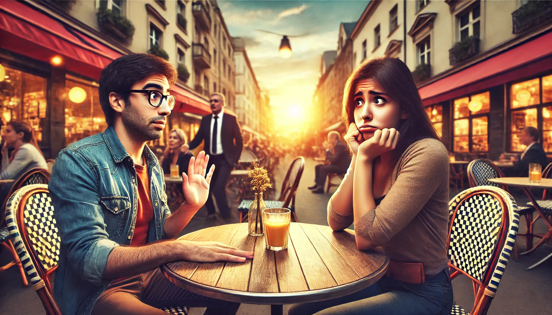 A wide image depicting an awkward date scene at an outdoor café. A man of foreign descent sits across from a woman, looking surprised and slightly emb