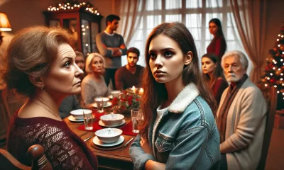 A-wide-image-depicting-a-family-gathering-with-visible-tension.-A-young-adult-woman-and-her-stepmother-are-in-the-center-engaged-in-a-heated-conversa.