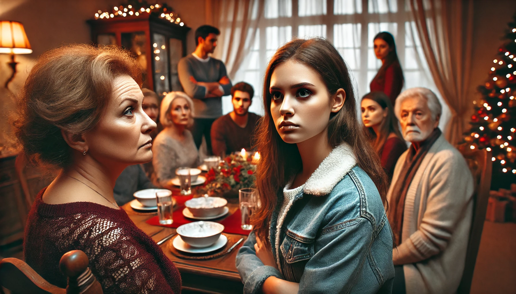 A-wide-image-depicting-a-family-gathering-with-visible-tension.-A-young-adult-woman-and-her-stepmother-are-in-the-center-engaged-in-a-heated-conversa.