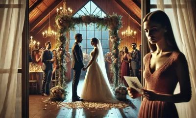 A wide image showing a dramatic wedding setting. The focus is on a bride and groom standing happily at the altar, while in the foreground, a woman sta.