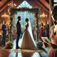 A wide image showing a dramatic wedding setting. The focus is on a bride and groom standing happily at the altar, while in the foreground, a woman sta.