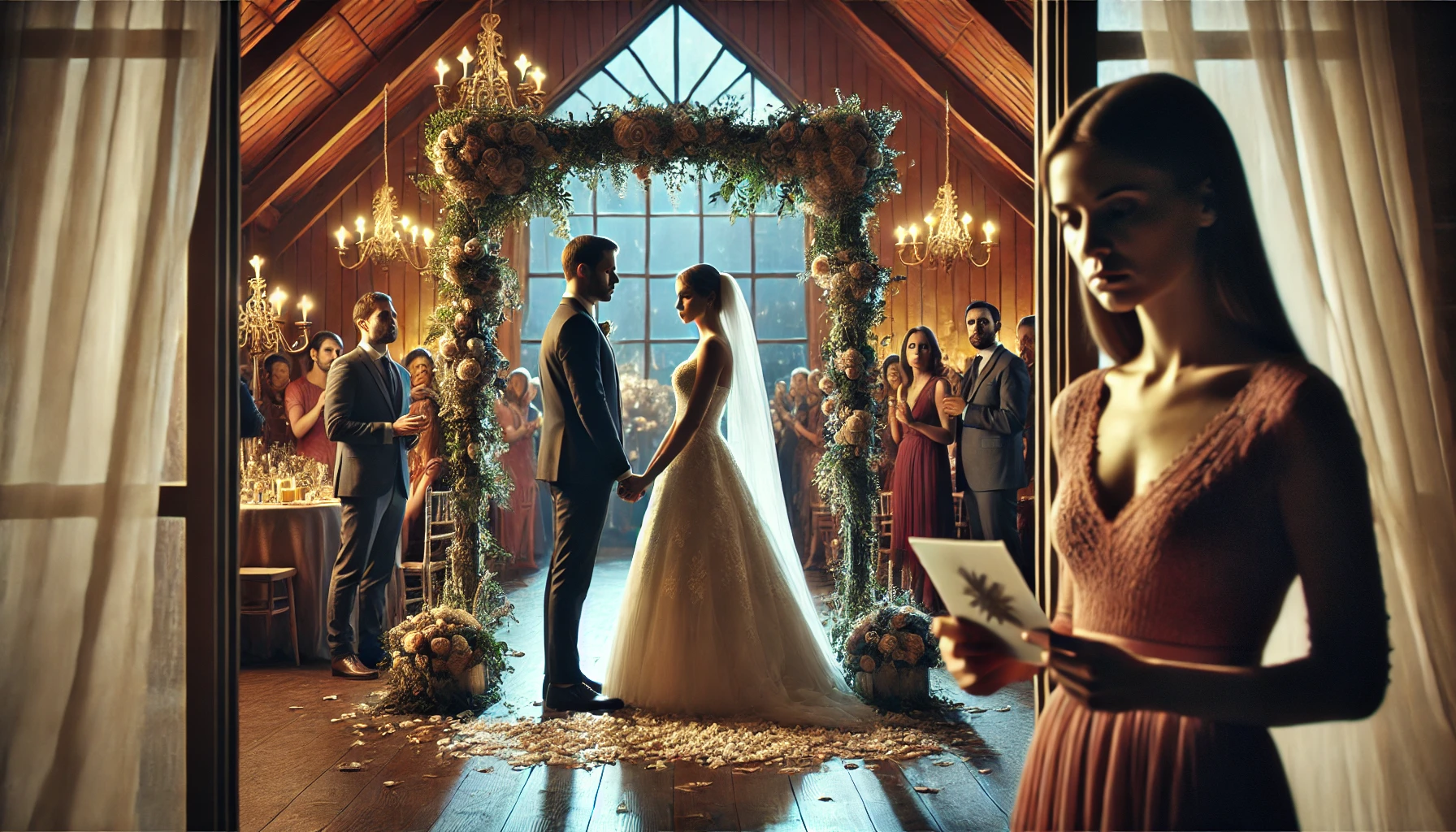 A wide image showing a dramatic wedding setting. The focus is on a bride and groom standing happily at the altar, while in the foreground, a woman sta.