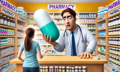 A humorous and exaggerated illustration of a pharmacist standing behind a counter in a pharmacy, looking surprised or bewildered. The focus is on a