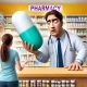 A humorous and exaggerated illustration of a pharmacist standing behind a counter in a pharmacy, looking surprised or bewildered. The focus is on a