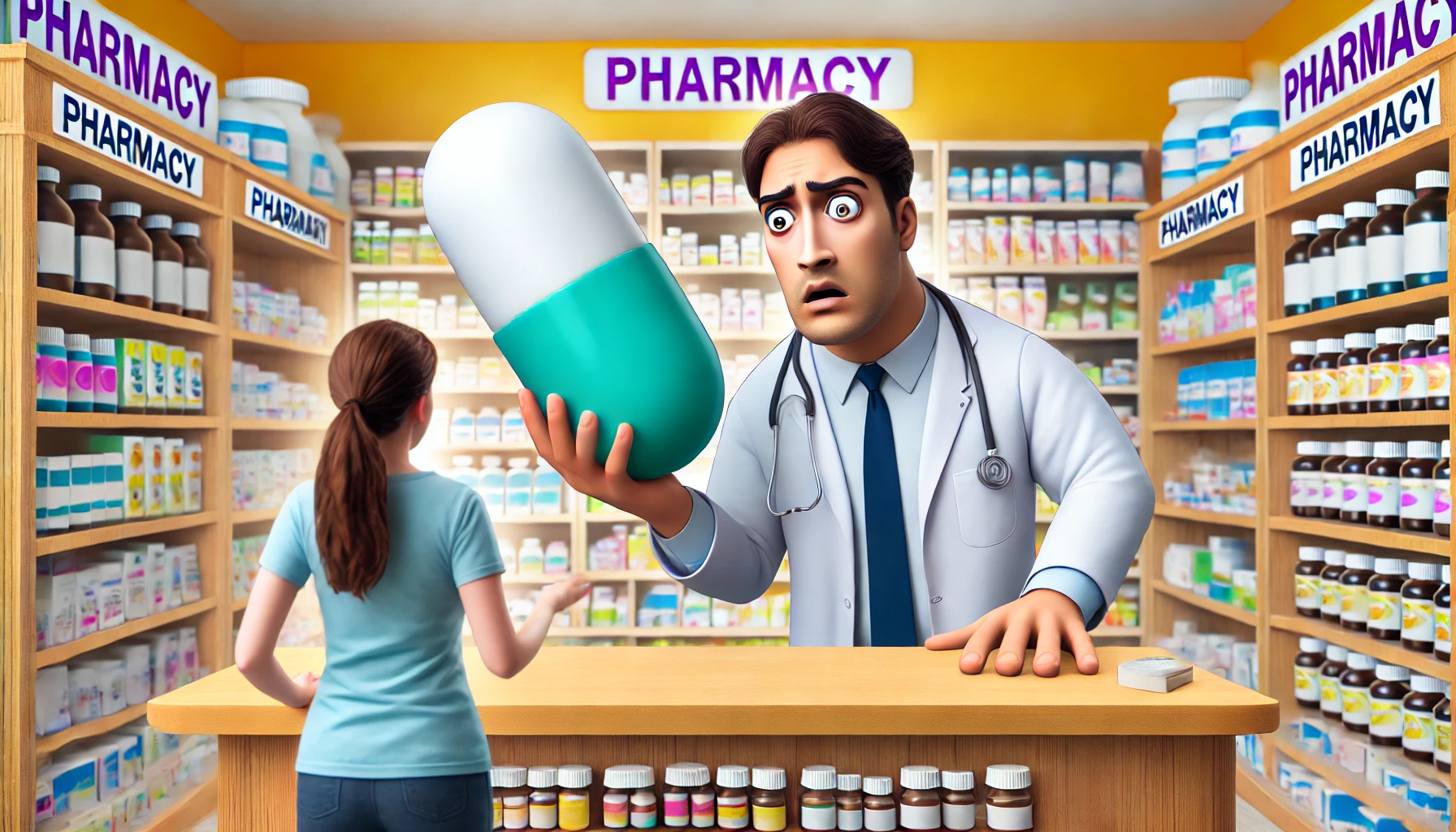 A humorous and exaggerated illustration of a pharmacist standing behind a counter in a pharmacy, looking surprised or bewildered. The focus is on a