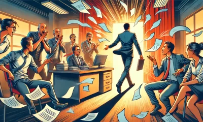 A dramatic and humorous illustration of a person confidently walking out of their workplace, leaving behind a trail of chaos or exaggerated gestures o