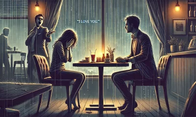 A dramatic and emotional illustration capturing the moment someone gets dumped after saying 'I love you.' The scene is set in a cozy, dimly lit cafe w.