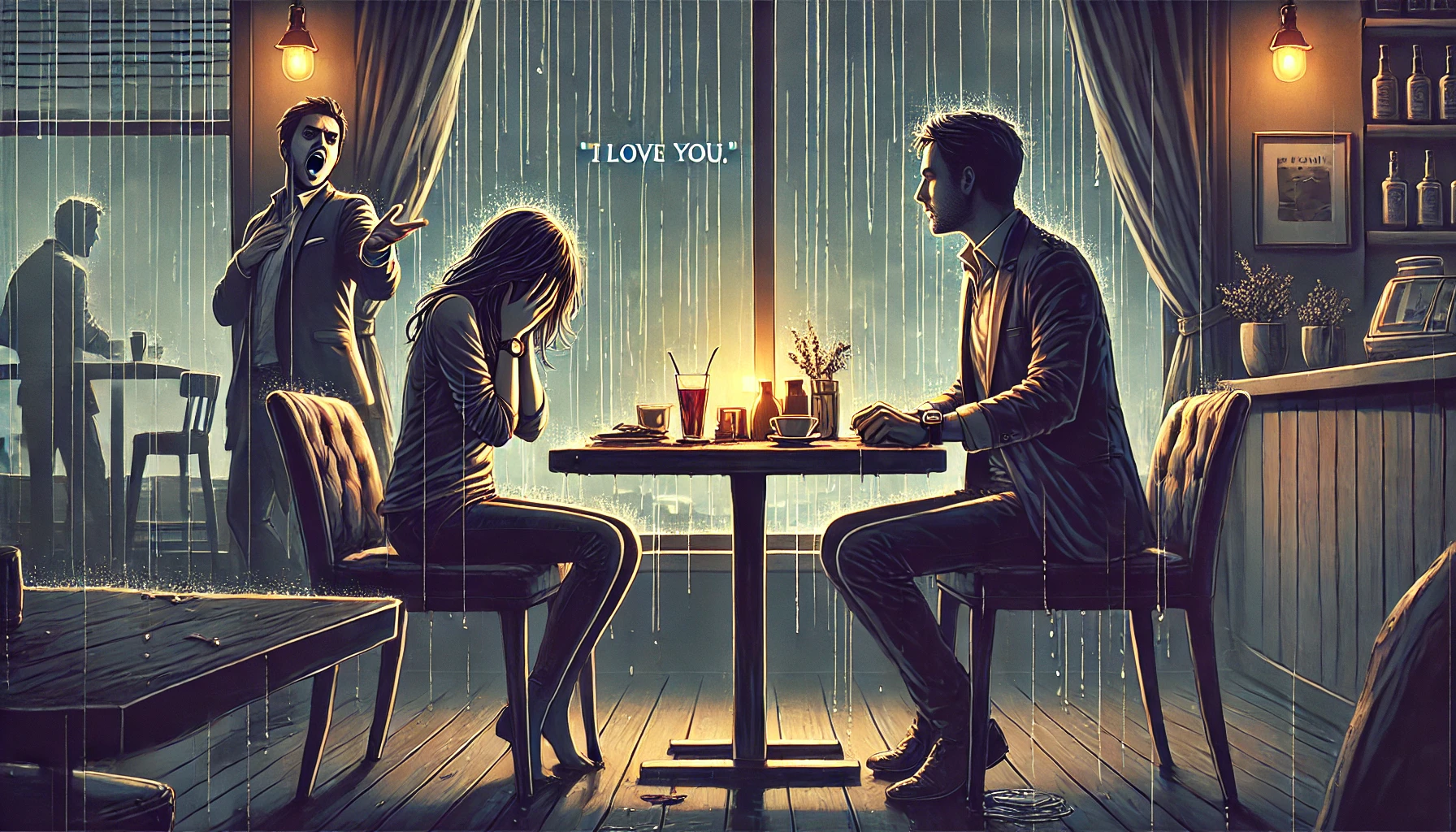 A dramatic and emotional illustration capturing the moment someone gets dumped after saying 'I love you.' The scene is set in a cozy, dimly lit cafe w.