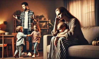 A dramatic and emotional scene illustrating a family dispute. A mother sits on a couch, looking exhausted and contemplative, while a father stands nea.