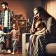 A dramatic and emotional scene illustrating a family dispute. A mother sits on a couch, looking exhausted and contemplative, while a father stands nea.