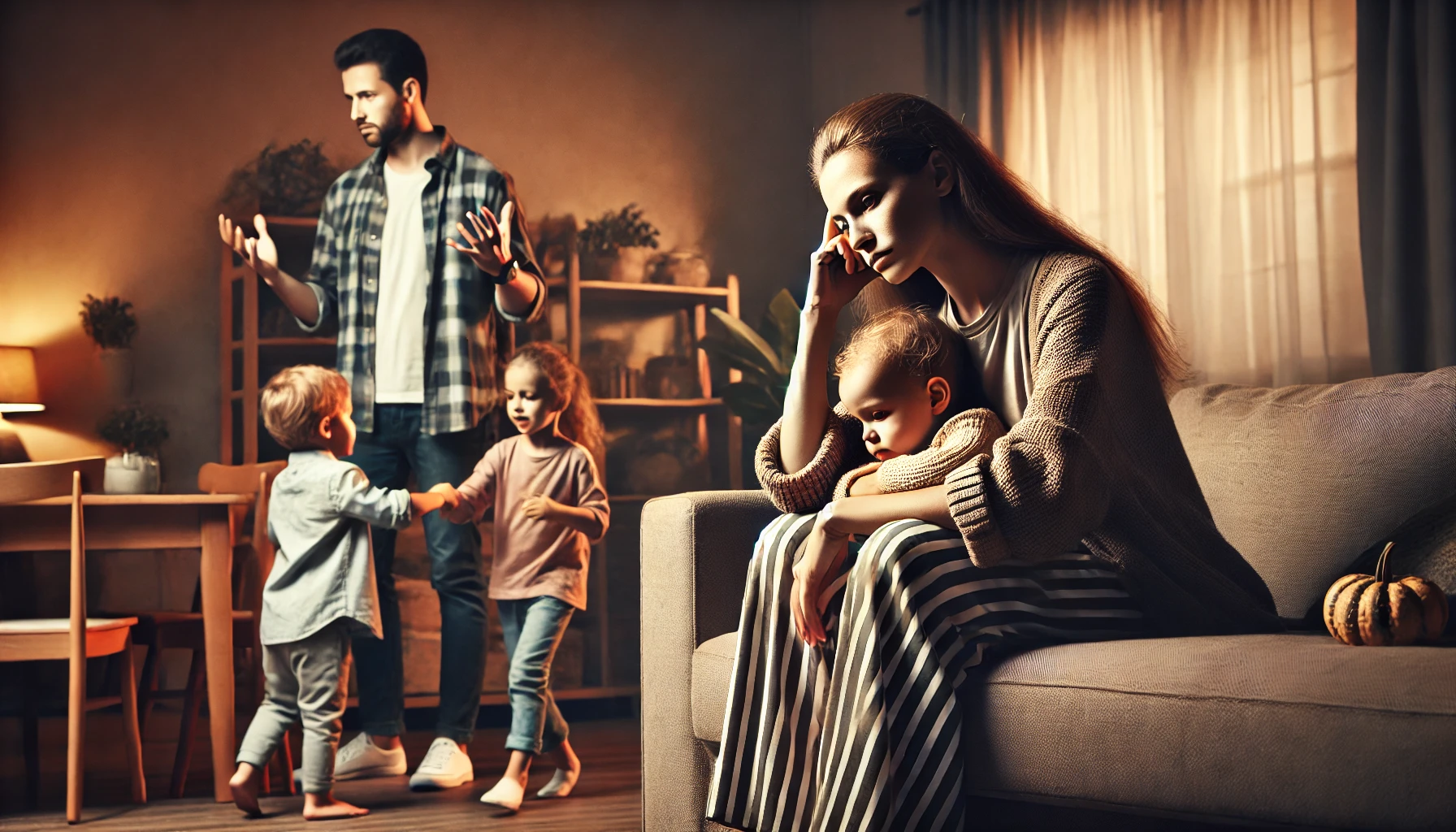 A dramatic and emotional scene illustrating a family dispute. A mother sits on a couch, looking exhausted and contemplative, while a father stands nea.