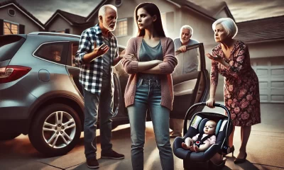 A-dramatic-and-emotional-illustration-of-a-family-disagreement-over-child-safety.-The-scene-shows-a-young-mother-standing-firmly-by-a-car-with-her-arm.