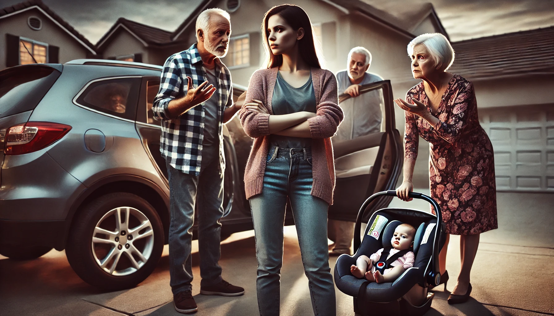 A-dramatic-and-emotional-illustration-of-a-family-disagreement-over-child-safety.-The-scene-shows-a-young-mother-standing-firmly-by-a-car-with-her-arm.