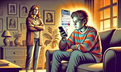 A dramatic illustration of two siblings in a heated argument in a cozy living room setting. One sister sits on a couch holding a phone, visibly frustr.